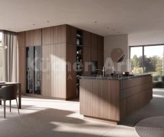 Cuisine avec îlot bois Noyer élégant cannelé au style rétro et design sans poigné - 2